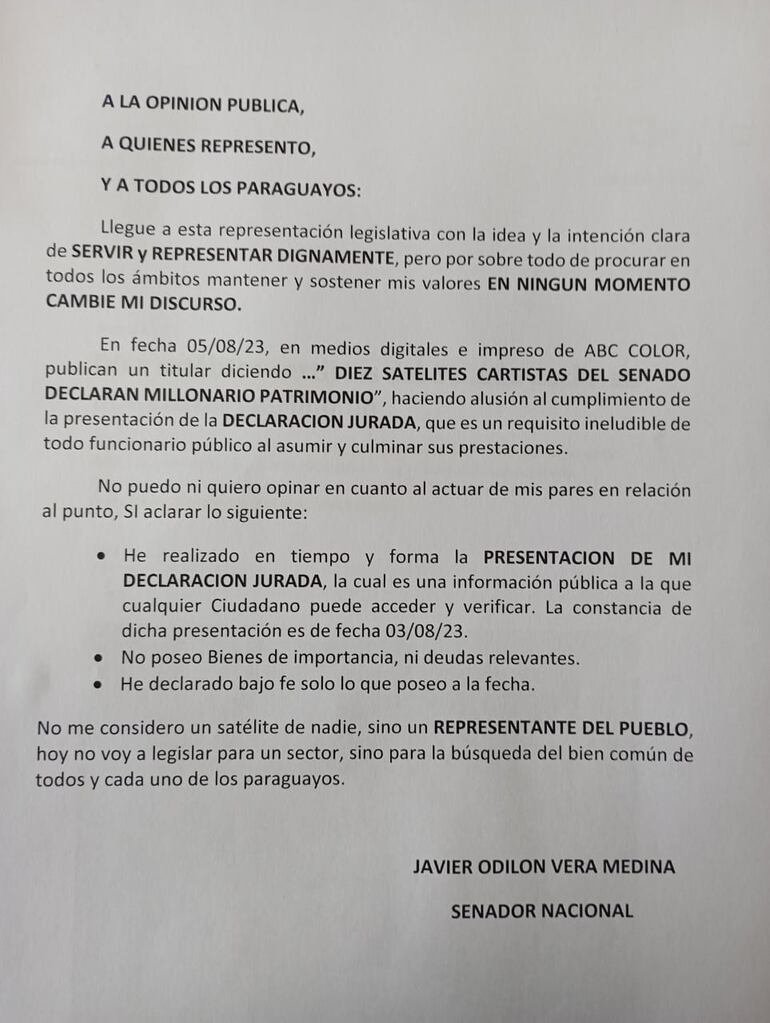 El comunicado publicado por Chaqueñito, que se contradice con su declaración jurada ante la Contraloría.