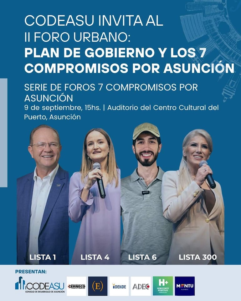Camilo Perez Lopez Moreira y Soledad Núñez sonríen frente a un cartel que anuncia un foro urbano en un ambiente formal.