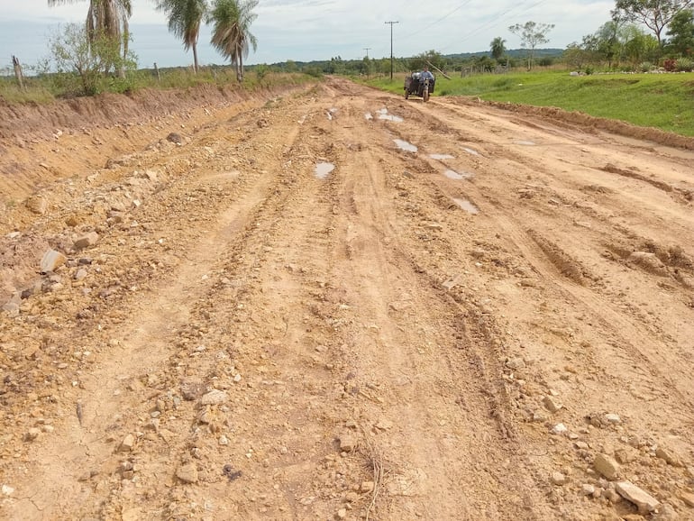 Camino de tierra en mal estado con surcos y charcos; un carrito tirado por un animal se observa al fondo, rodeado de vegetación.