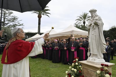 CIUDAD DEL VATICANO (VATICANO), 31/01/2026.-El papa León XIV inaugura este sábado un mosaico dedicado a la Virgen María y una imagen de Santa Rosa de Lima en los Jardines Vaticanos, en un gesto que subraya su relación y la de la Santa Sede con el Perú.EFE/ Simone Risoluti/vatican Media SÓLO USO EDITORIAL / SÓLO DISPONIBLE PARA ILUSTRAR LA NOTICIA QUE ACOMPAÑA (CRÉDITO OBLIGATORIO)