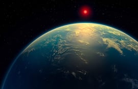 Una ilustración artística proporcionada el 17 de abril de 2025 por N. Madhusudhan/Universidad de Cambridge muestra la supertierra K2-18b, un mundo híceano, como el exoplaneta K2-18b, en el que los astrónomos dicen haber encontrado las "pistas" más sólidas hasta ahora de vida fuera de este sistema solar.