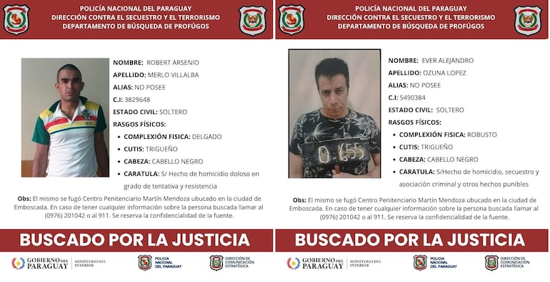 Carteles de búsqueda con fotos de Robert Merlo, camiseta de fútbol, y Ever Ozuna, con barba y cabello negro, ambos con detalles de delitos.