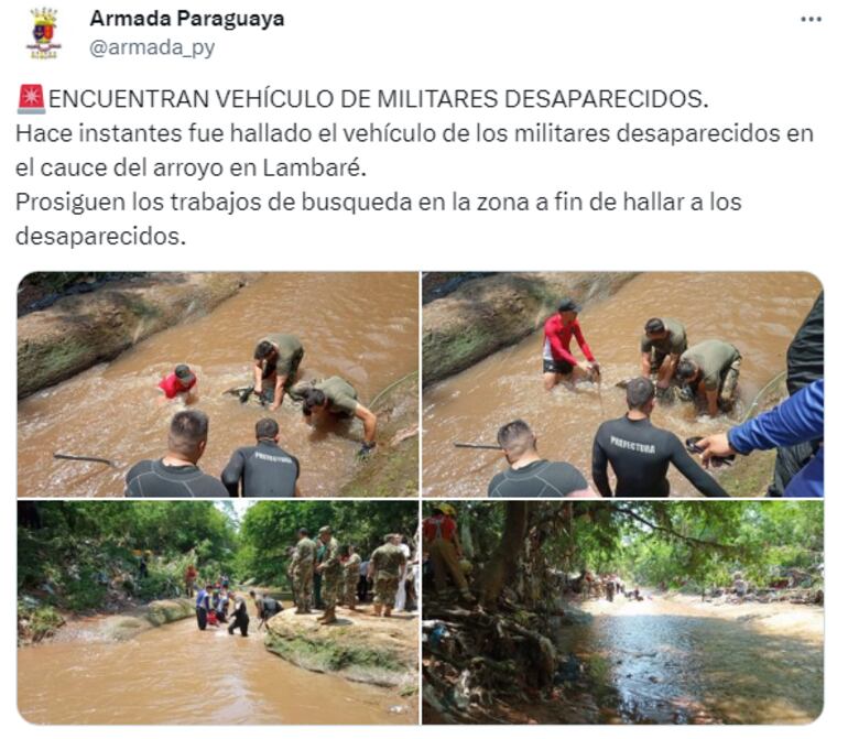 Según la Armada, el vehículo encontrado en el arroyo corresponde a la camioneta utilizada por los militares.
