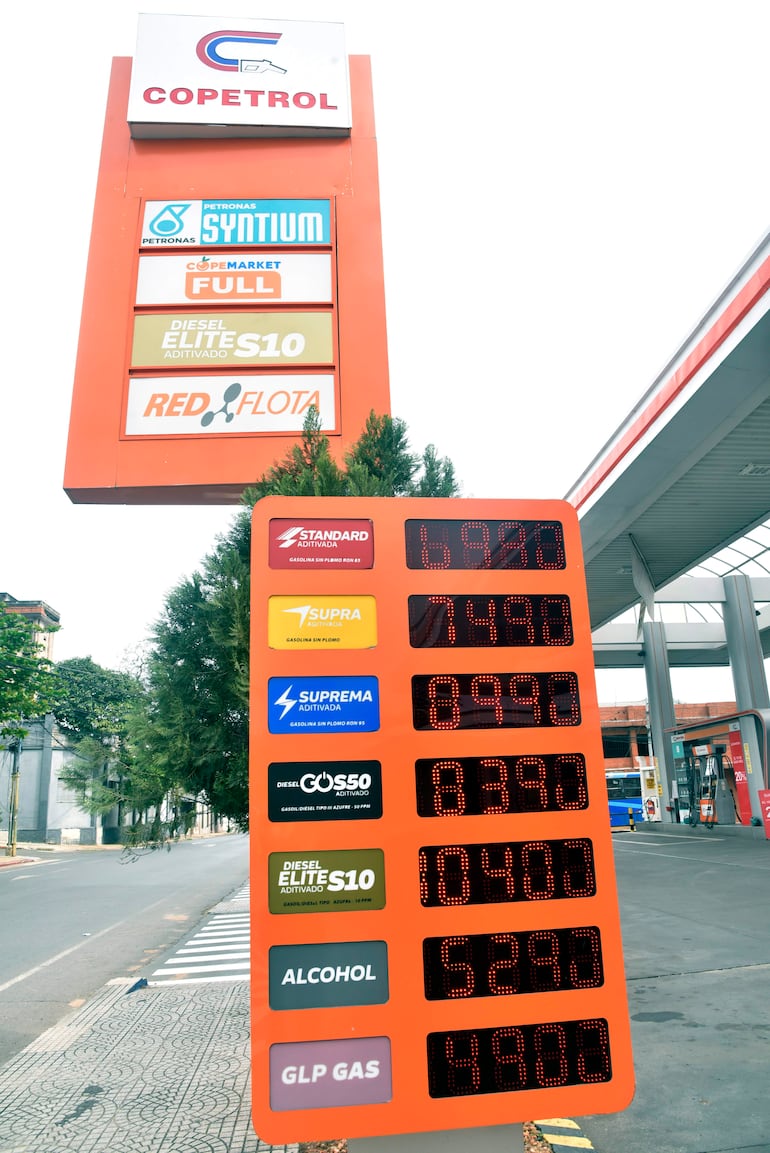 Estación de servicio Copetrol con letrero que muestra precios de gasolina y diésel, sin personas visibles.
