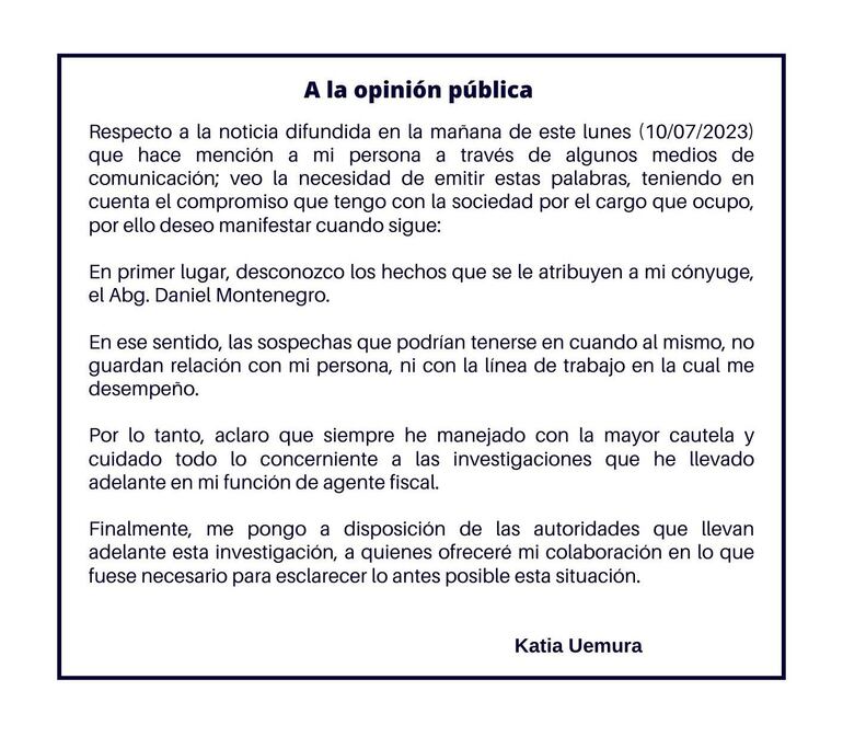 Comunicado de la fiscala Katia Uemura. (gentileza).