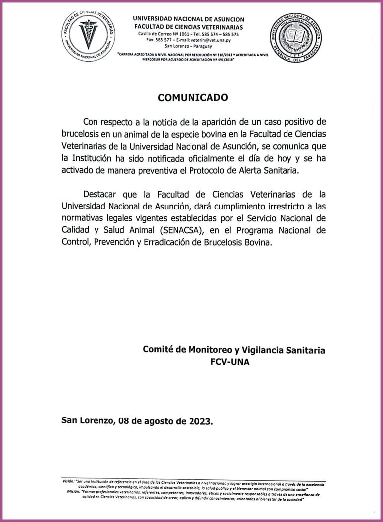 Comunicado de la Facultad de Veterinaria de la UNA sobre detección de brucelosis.
