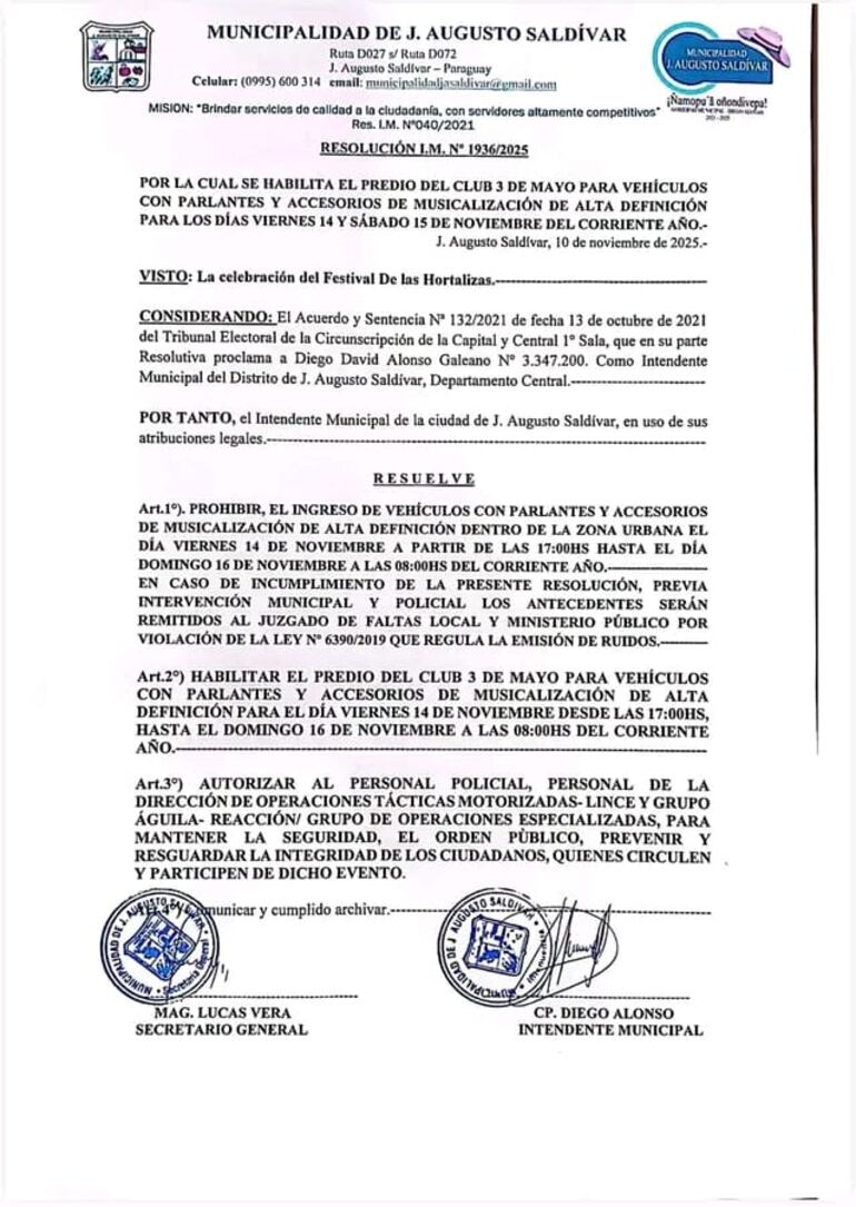 Resolución municipal que prohíbe el ingreso de vehículos con equipos de audio profesional al área urbana de J. Augusto Saldívar.