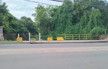 Escena de la avenida Artigas con infraestructura en amarillo y bloques de concreto, rodeada de vegetación densa.