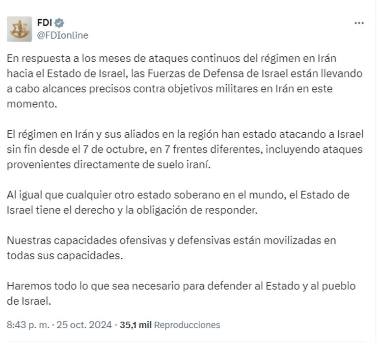 Publicación de las Fuerzas de Defensa de Israel (FDI) en X.