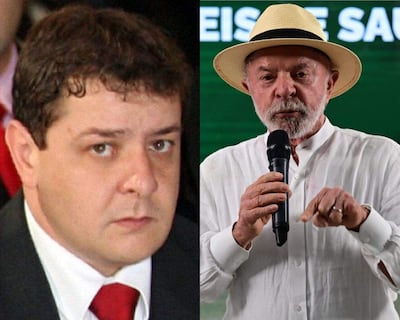 Lula Da Silva con corbata roja y su hijo Lulinha en evento formal, ambos en traje, rodeados de una multitud.