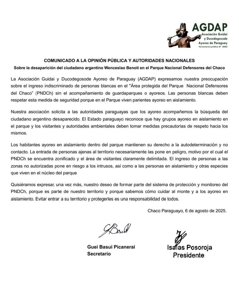 Comunicado de la Asociación Guidai y Ducodegosode Ayoreo de Paraguay (AGDAP) dirigido a la opinión pública y autoridades nacionales sobre la desaparición del ciudadano argentino Wenceslao Benoit en el Parque Nacional Defensores del Chaco.