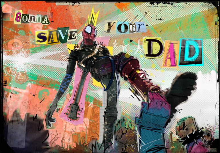 Cartel de 'Spider-Man: Beyond the Spider-Verse' con colores vibrantes y collage artístico, sin personas visibles en la imagen.