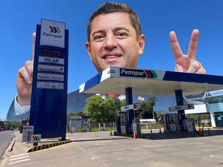 Estación de Petropar en Pilar (imagen real) con un montaje del vicepresidente Pedro Alliana.