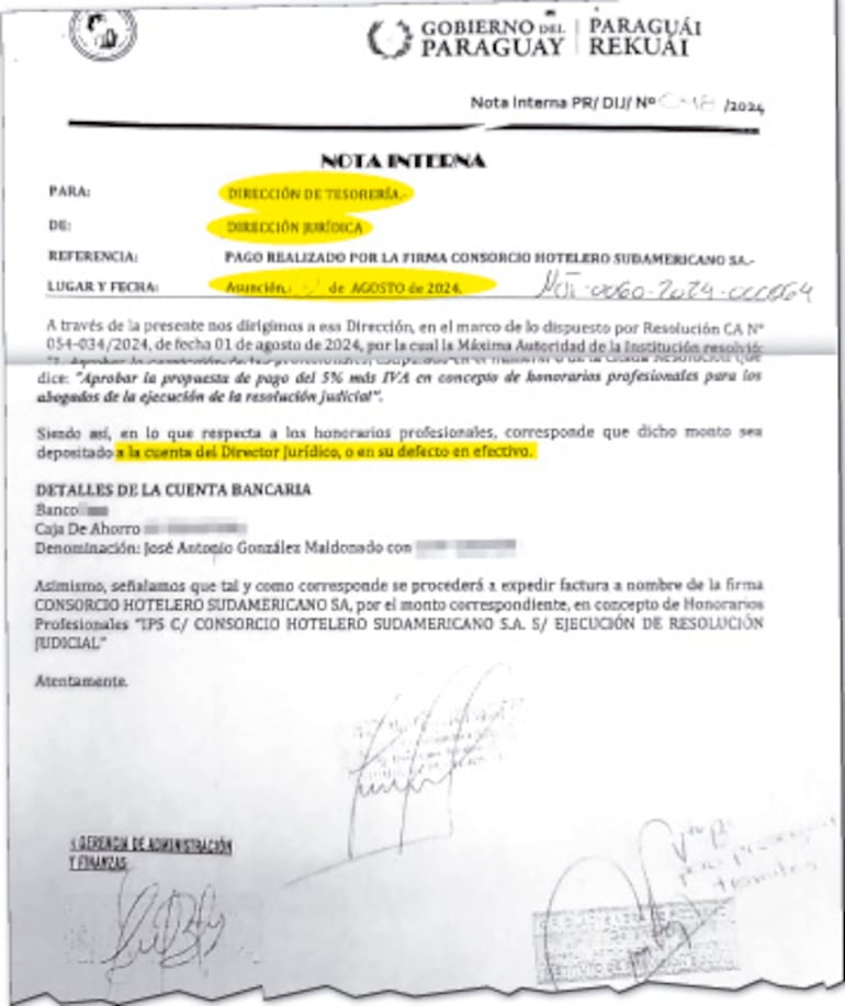 Nota interna del IPS mediante la cual se dejó constancia del trámite que debía seguir el dinero.