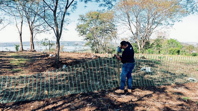 Hombre de pie en camiseta negra y jeans, instalando malla de seguridad en un entorno natural con árboles.