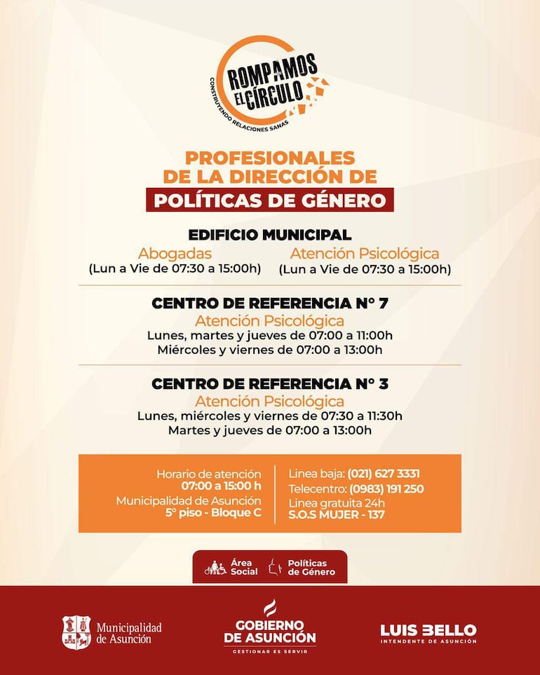 Cartel informativo con horarios y contactos para atención psicológica en edificio municipal, con diseño claro y colores contrastantes.