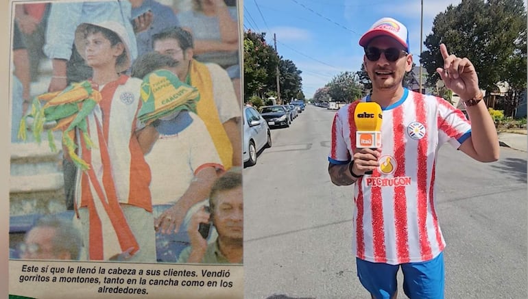 Niño en camiseta blanca y roja sostiene un sombrero verde y amarillo, mientras un reportero con micrófono habla a la cámara en la calle.