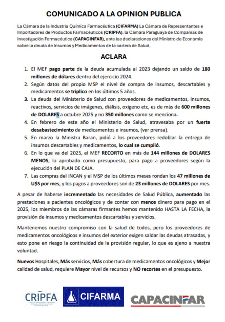 Farmacéuticas refutan a Valdovinos y confirman que la deuda sanitaria asciende a USD 600 millones