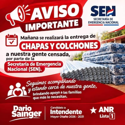 Aviso informativo de la SEN con estrategia de proselitismo político para Darío Sainger, en formato gráfico con colores rojos y blancos.