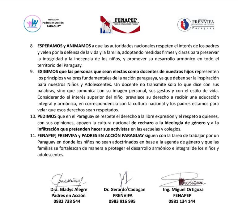 Comunicado de las federaciones de padres que respaldan expresiones homofóbicas de ministro del MAG Carlos Giménez.