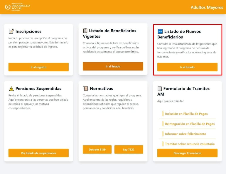Interfaz del portal del Ministerio de Desarrollo Social, con información sobre pensiones y beneficios para adultos mayores.