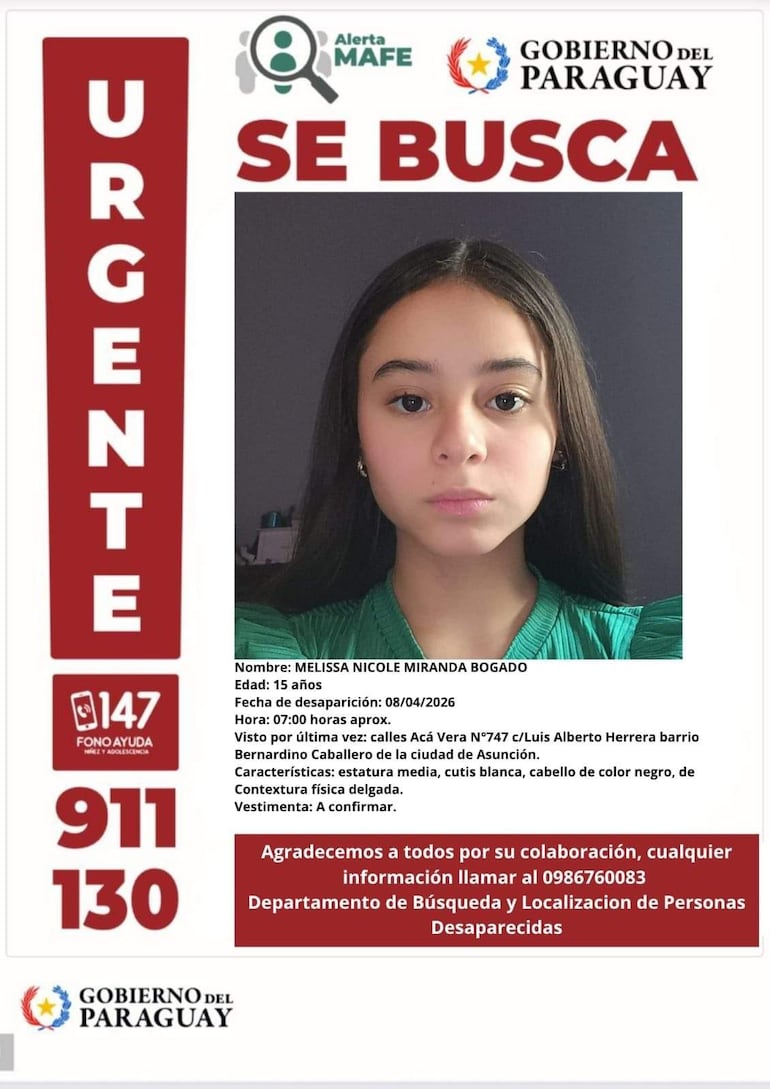 La Policía mantiene activa una alerta de búsqueda tras la desaparición de cuatro menores de edad reportados entre el 8 y el 11 de abril, en distintos puntos del país. Solicitan la colaboración ciudadana para dar con el paradero de los adolescentes y el niño, en el marco del protocolo Mafe, de búsqueda inmediata.