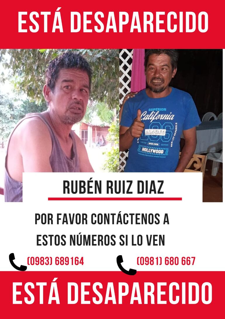 Flyer que contiene los contactos para brindar información del desaparecido.