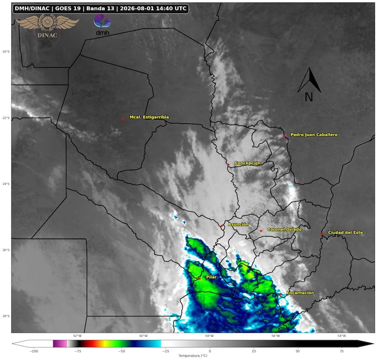 Mapa meteorológico digital con datos de temperatura, mostrando diversas ciudades y condiciones atmosféricas en Paraguay.