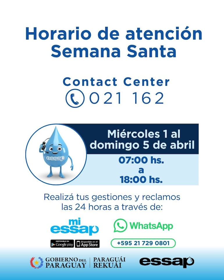 Horario de atención del Call Center de la Essap durante la Semana Santa.