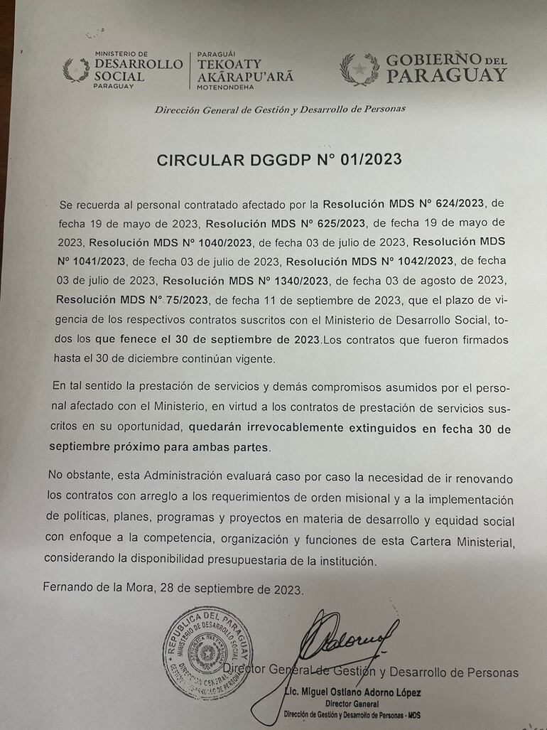 Circular del Ministerio de Desarrollo Social.