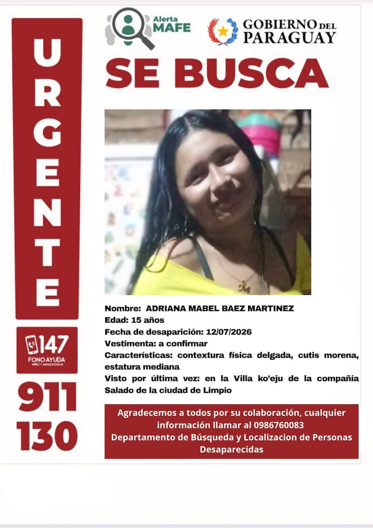 Cartel de búsqueda con la imagen de Adriana Mabel Báez Martínez, sonriendo, y texto con detalles sobre su desaparición.