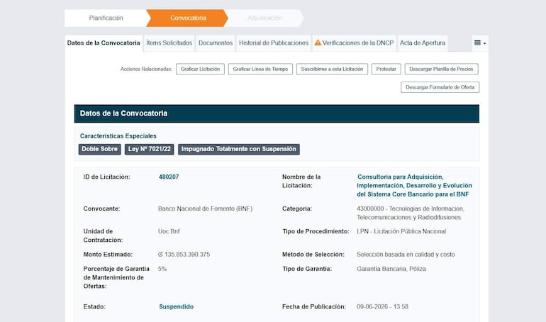 Documento de licitación del BNF con encabezado y detalles de la convocatoria, fondo blanco y texto en múltiples secciones.