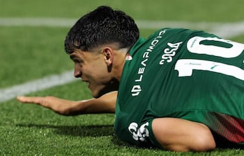 El delantero paraguayo de Palmeiras, Ramón Sosa queda tendido en el césped tras sufrir una lesión en el tobillo izquierdo que lo obligó a abandonar el campo de juego en el empate ante Cruzeiro.