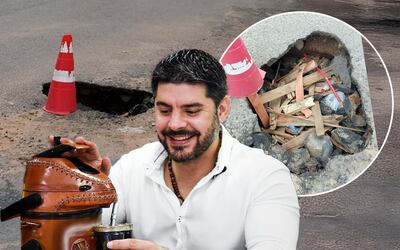 Imagen ilustrativa: el intendente de Asunción, Óscar "Nenecho" Rodríguez" junto a unas fotos del bache que "reventó" el auto de la ciudadana.