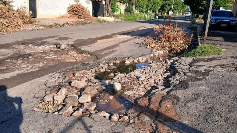 Calle con un bache profundo y agua acumulada, coches estacionados a los lados y vegetación en un día soleado.