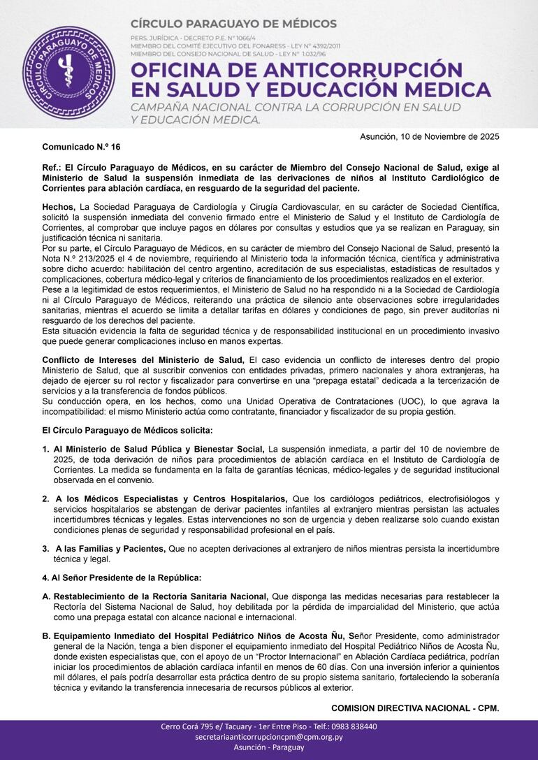 Comunicado del Círculo Paraguayo de Médicos.