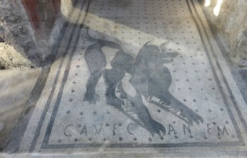 Casa del Criptoportico - Cave Canem (Cuidado con el perro) en el antiguo sitio romano de Pompeya.