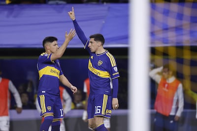 El uruguayo Miguel Merentiel, futbolista de Boca Juniors, celebra un gol en el partido frente a São Paulo por la ida de los cuartos de final de la Copa Sudamericana 2026 en el estadio La Bombonera, en Buenos Aires, Argentina.
