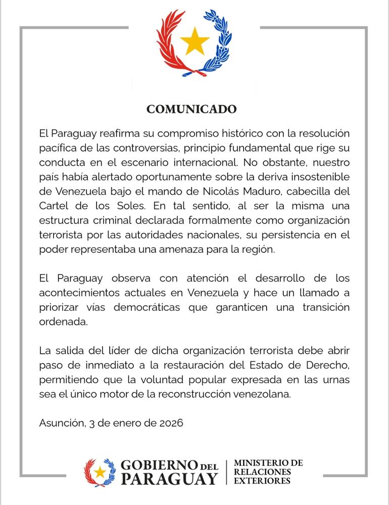 Comunicado del MRE sobre la situación en Venezuela.