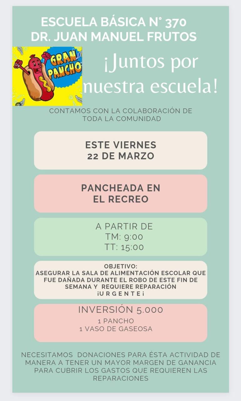 Invitación a la pancheada en la escuela Juan Manuel Frutos, luego de sufrir un robo de la merienda escolar y útiles. Puertas se vieron dañadas en el suceso.