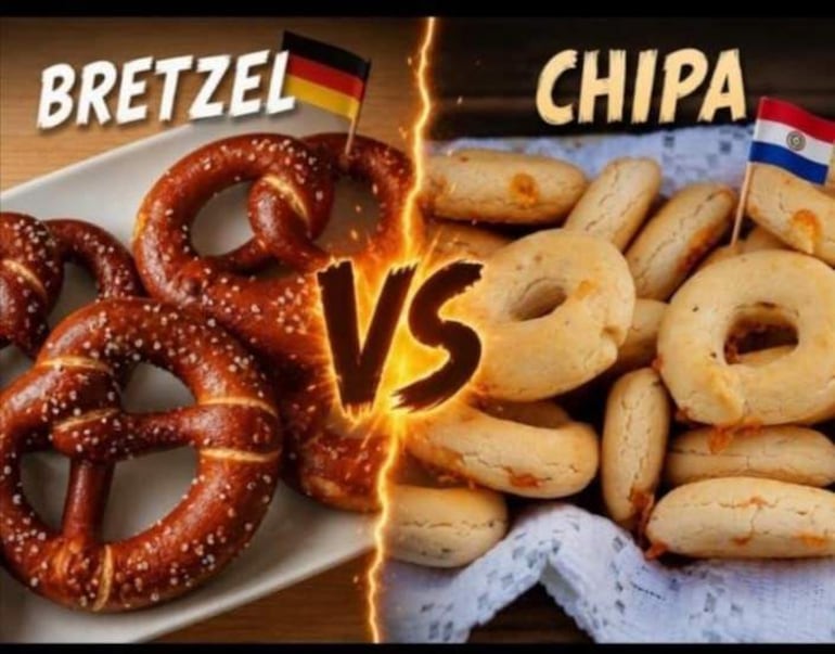 Pretzels en un plato con bandera de Alemania y chipas sobre tela blanca con bandera paraguaya, resaltando un duelo gastronómico.