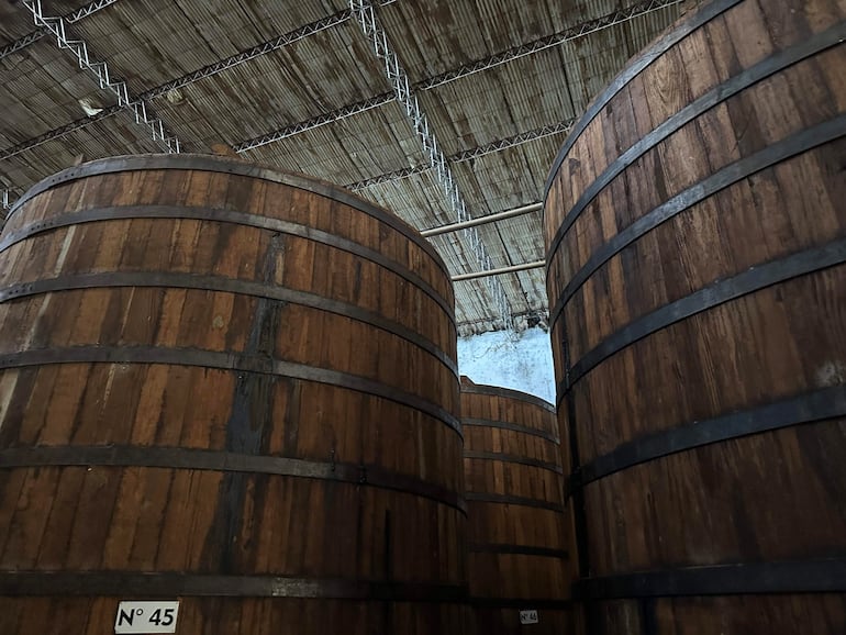 Dos grandes barricas de madera en ambiente cerrado con techo de caña, numeradas como 'N° 45' y 'N° 46'.