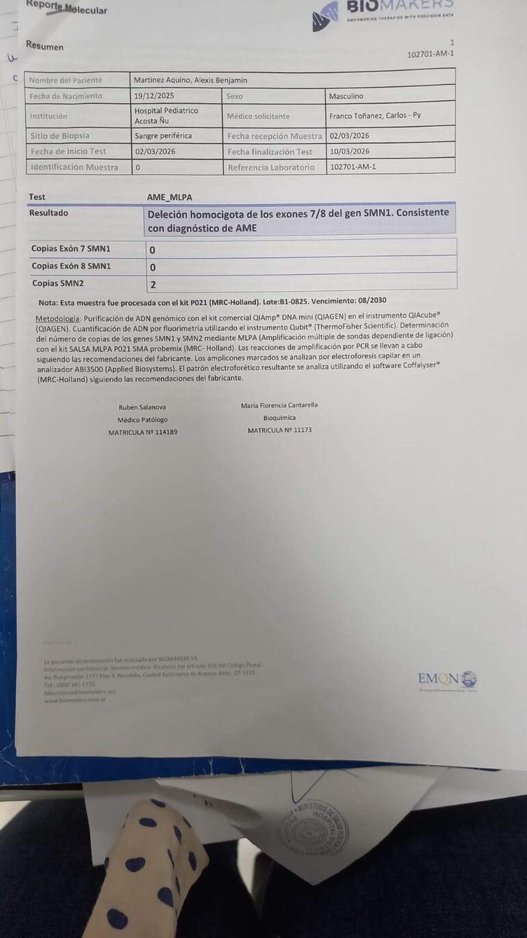 Documento médico sobre Alexis Benjamín con información clínica sobre su estado de salud.