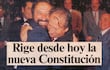 Hombres abrazándose con alegría en un ambiente de celebración, con el texto visible: 'Rige desde hoy la nueva Constitución'.