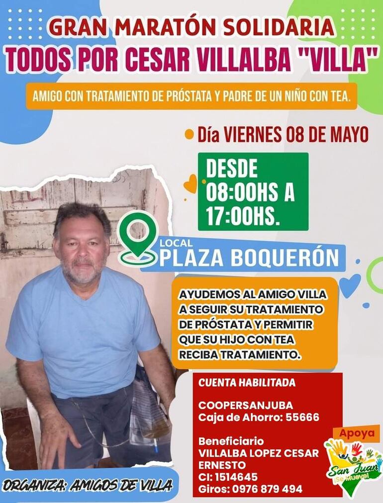 Cartel colorido de la maratón solidaria, destacando el apoyo a Cesar Villalba, con una foto de un hombre canoso vestido de azul.