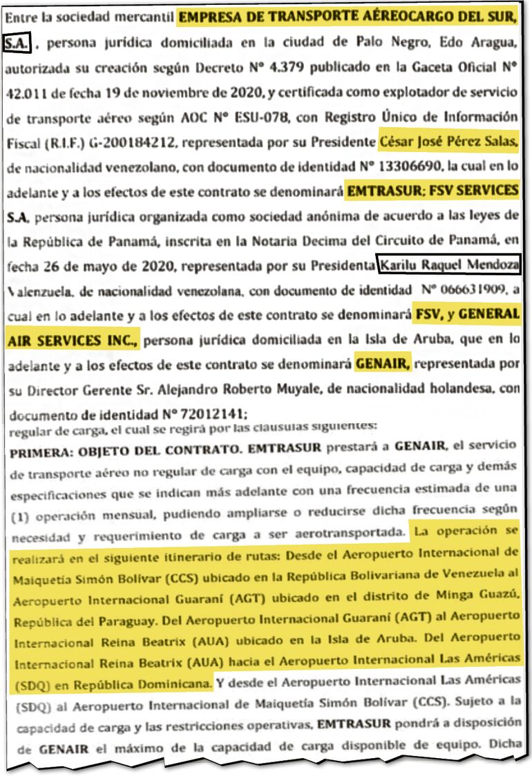 Facsímil del acuerdo firmado por General Air  Services con Emtrasur; FSV Services para el usufructo del avión sin especificar la carga.