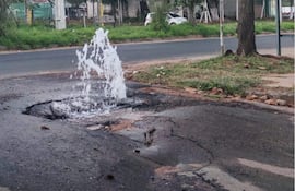 Chorro de agua brota de un bache en la calle, con vehículos y árboles visibles al fondo.