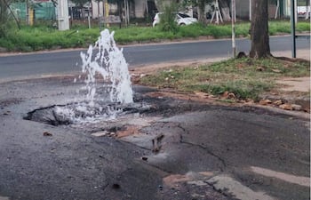 Chorro de agua brota de un bache en la calle, con vehículos y árboles visibles al fondo.