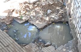 Un pozo acumula una gran cantidad de agua servida, o cloaca, en una vereda del barrio Obrero de Asunción. Los alumnos de la escuela que está al lado, deben almorzar con el fétido olor que despiden las aguas negras.