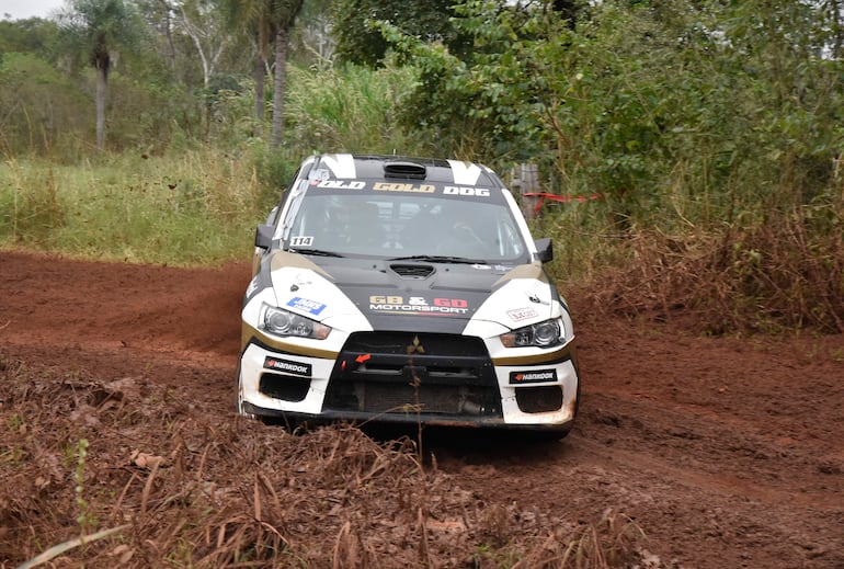 Auto de rally blanco y negro, número 114, acelerando en un terreno de tierra rodeado de vegetación densa.